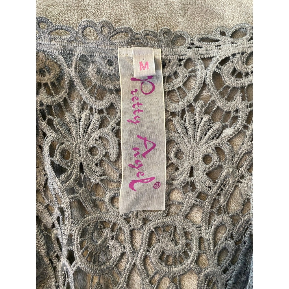 Pretty Angel Cardigan Sz M Gray Lace Crochet Crinkle Open Front Ethereal Fairy - Picture 8 of 13